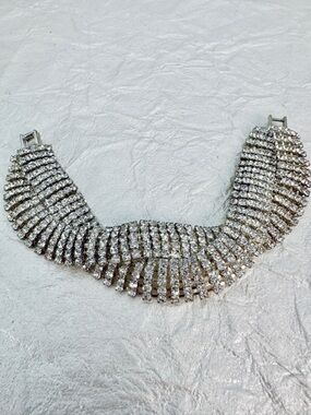 Vintage Multi Row Twist Clear Rhinestone Bracelet 7” Glam Bling Statement Estate